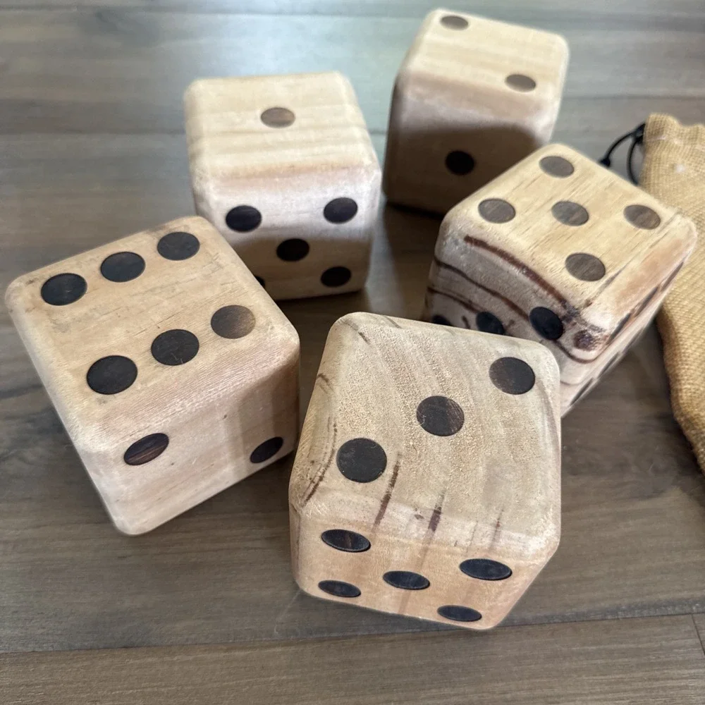 Vintage 5 Solid Wood Dice In A Burlap Bag - Large 3 1/4